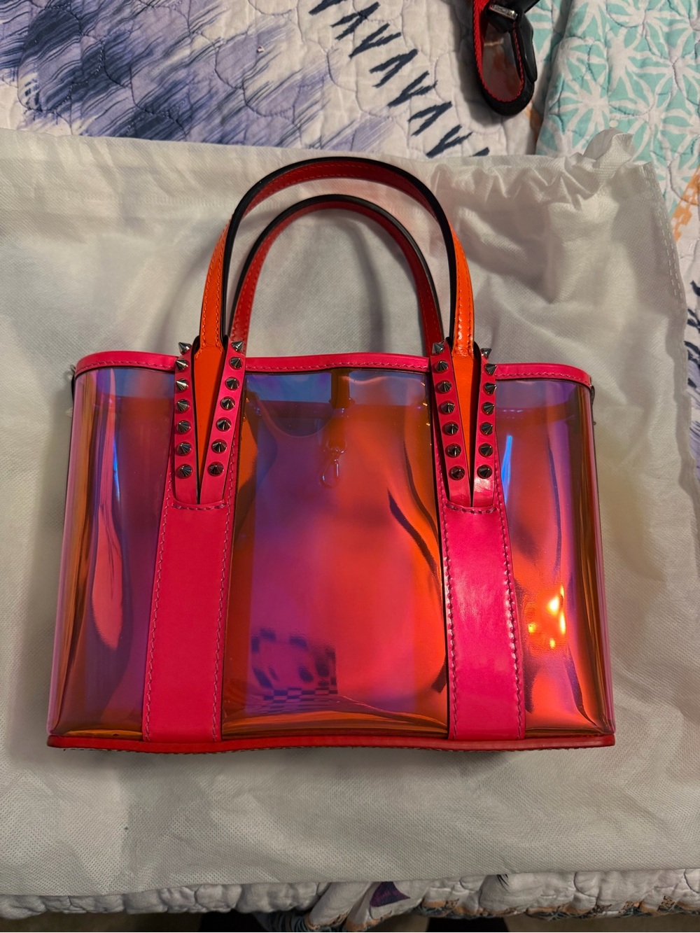 Christian Louboutin Iridescent Pink and Orange Tote with Studded Trim - Picture 3 of 14